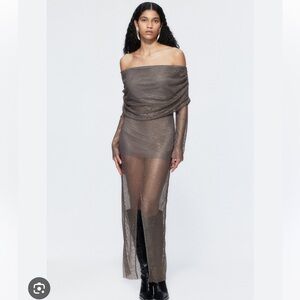 H&M Studio 2023 Rhinestone-Embellished Off-the-Shoulder Dress Charcoal gray/gold